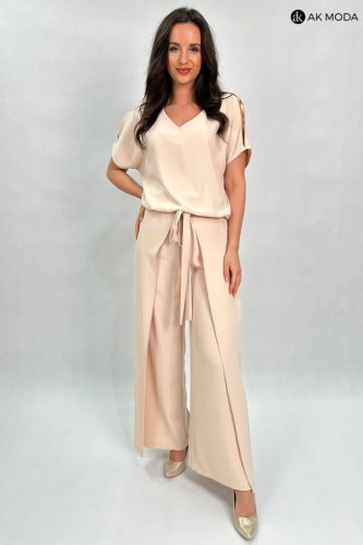 beżowy kombinezon damski z szeroką nogawką plussize