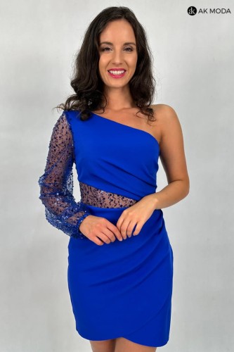 elegancka niebieska sukienka mini na jedno ramię, sukienka krótka z cekinowym rękawem i marszczeniami (9).jpg